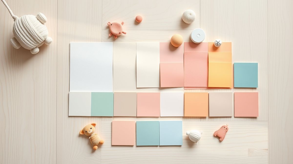 Combinação de amostras de cores claras e vibrantes para quarto infantil.