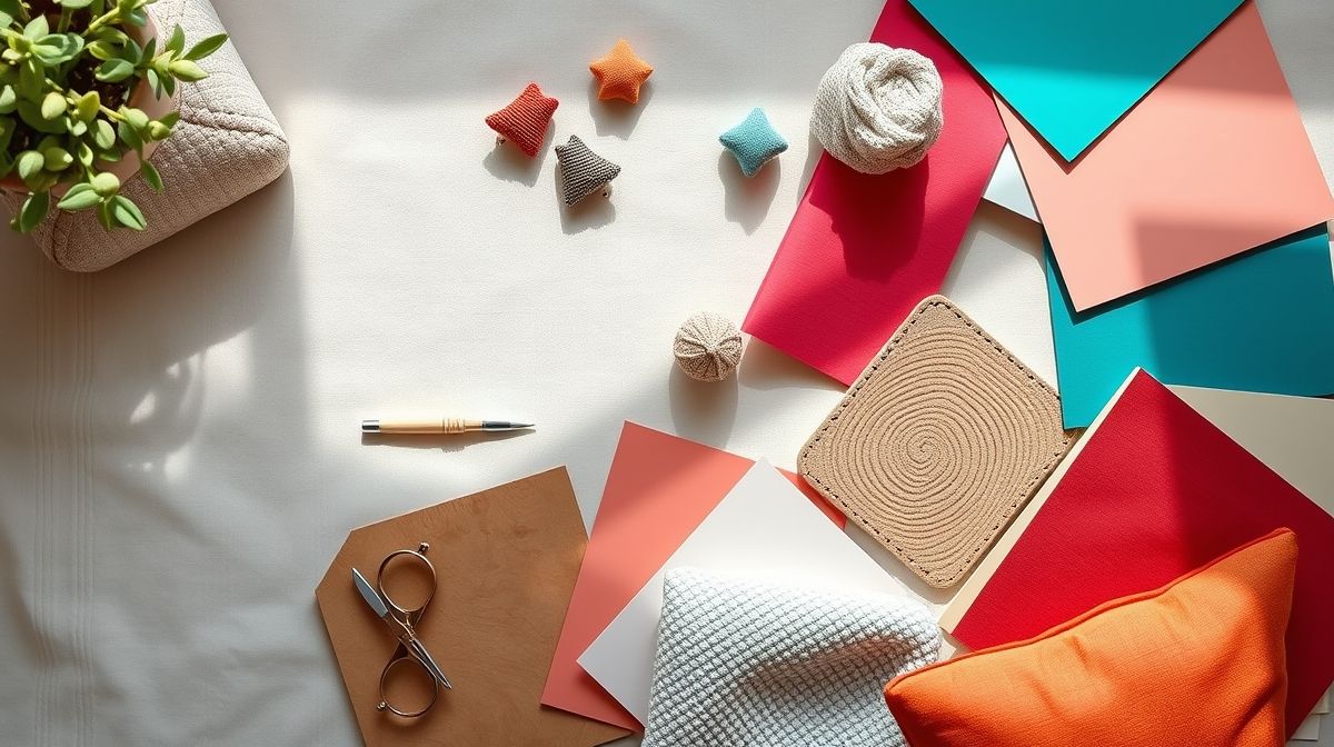 Amostra de cores, tecidos e acabamentos para decoração juvenil.