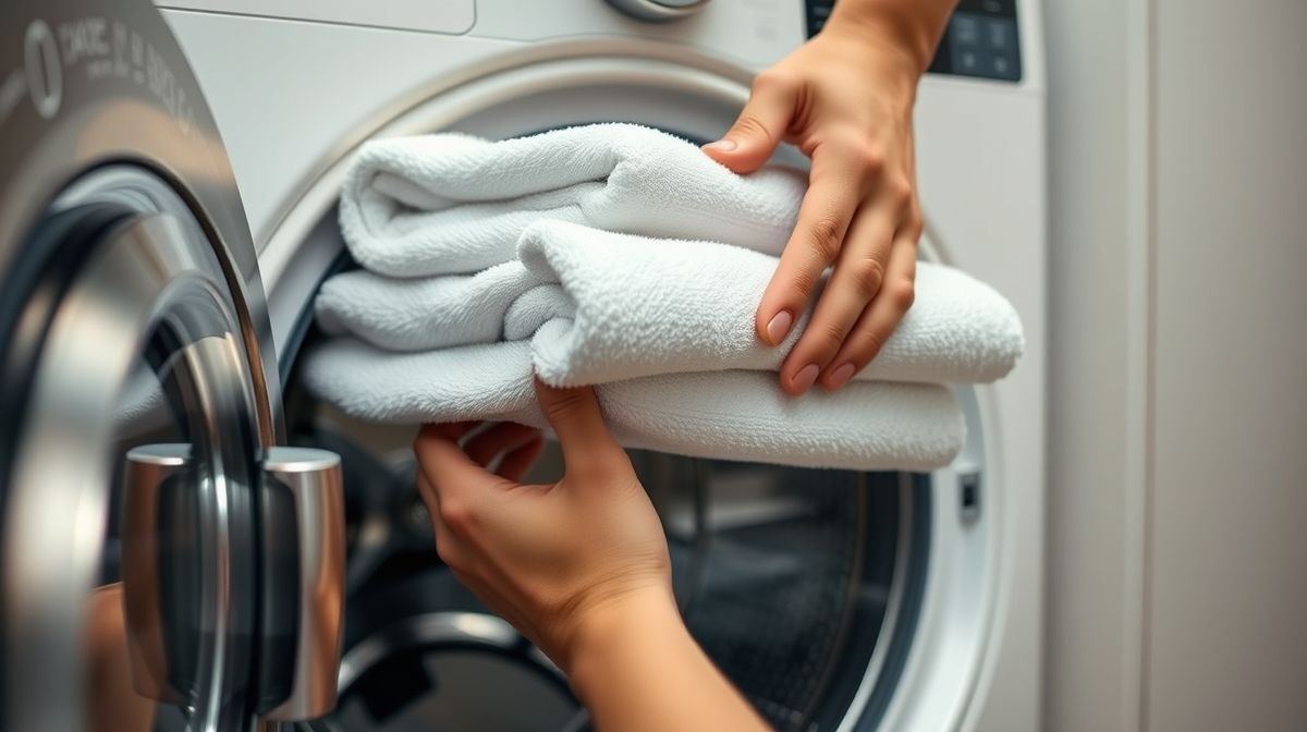 Mãos colocando toalhas claras na máquina de lavar.