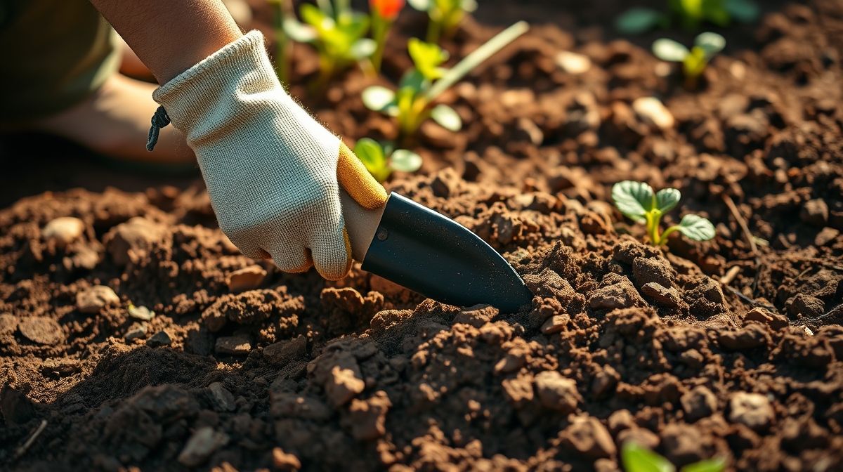 Pessoa usando pá e luvas para preparar um canteiro de plantas.