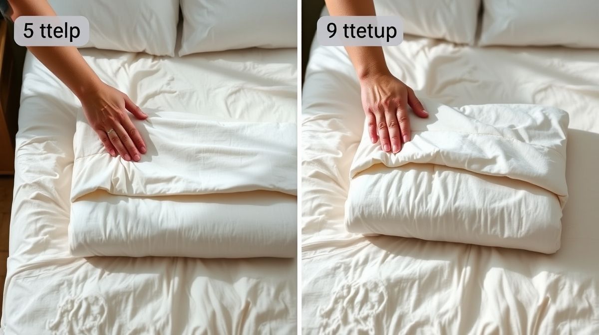 Mãos arrumando o lençol superior sobre a cama, dobrando a barra superior.