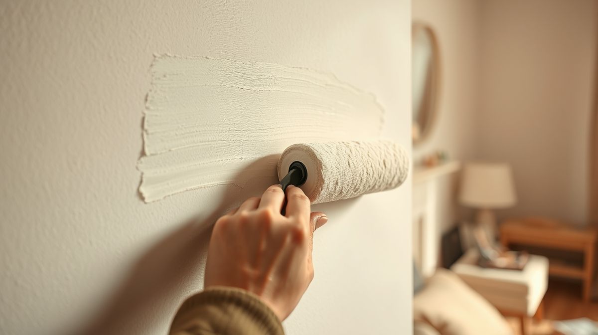 Pessoa aplicando tinta clara em uma parede com rolo de pintura.