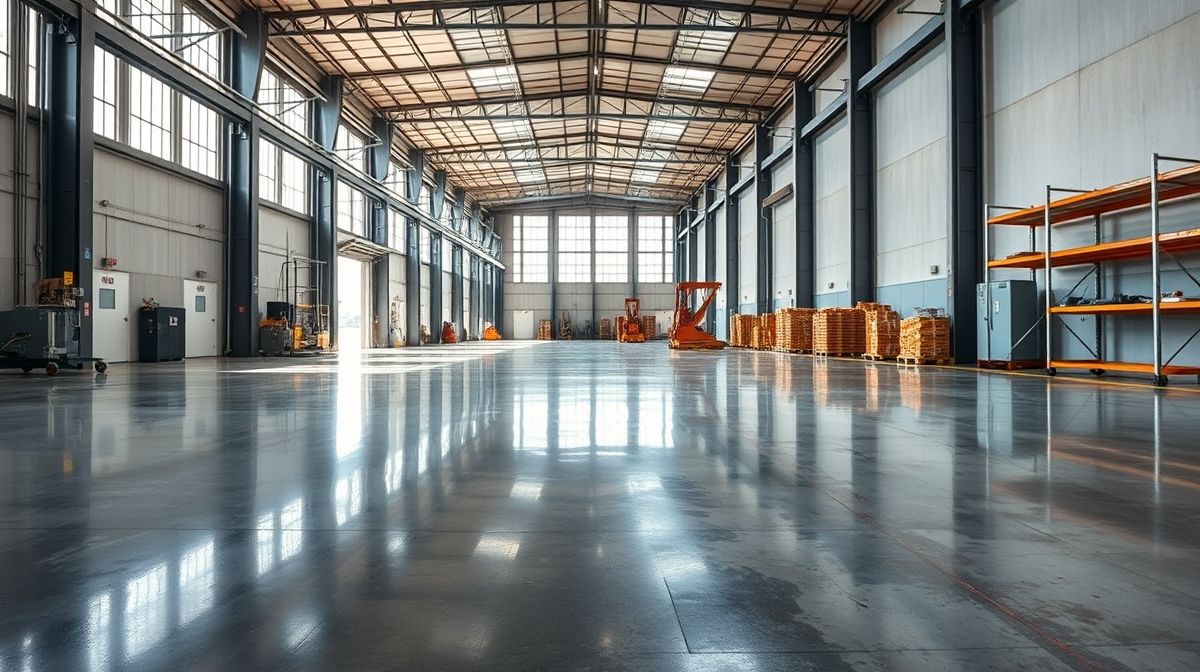 Resultado final de um piso industrial brilhante após limpeza com escova.