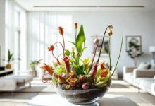Vaso decorativo com diferentes plantas carnívoras sob luz natural.