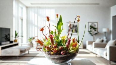 Vaso decorativo com diferentes plantas carnívoras sob luz natural.