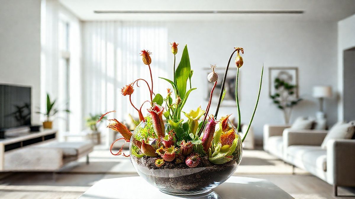 Vaso decorativo com diferentes plantas carnívoras sob luz natural.