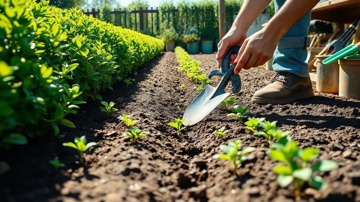 Jardinagem com mãos posicionando mudas em valas preparadas.