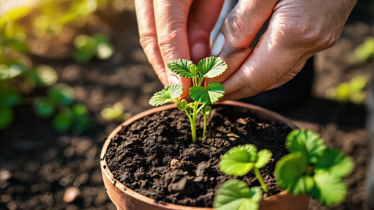 Mão plantando muda de morango em vaso com substrato fértil.