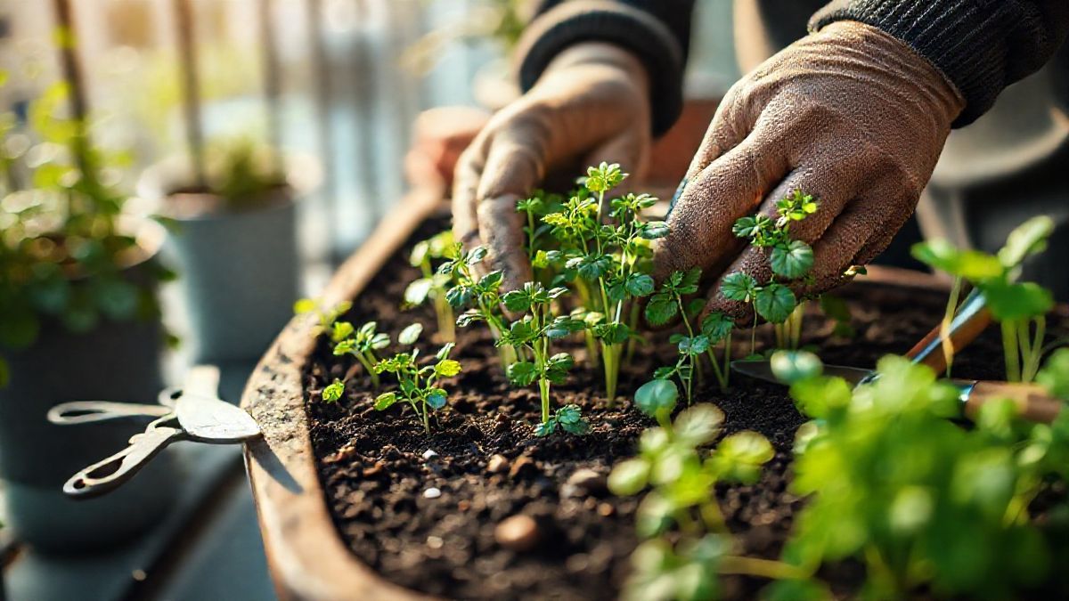 Pessoa plantando mudas de ervas em jardineira de apartamento.