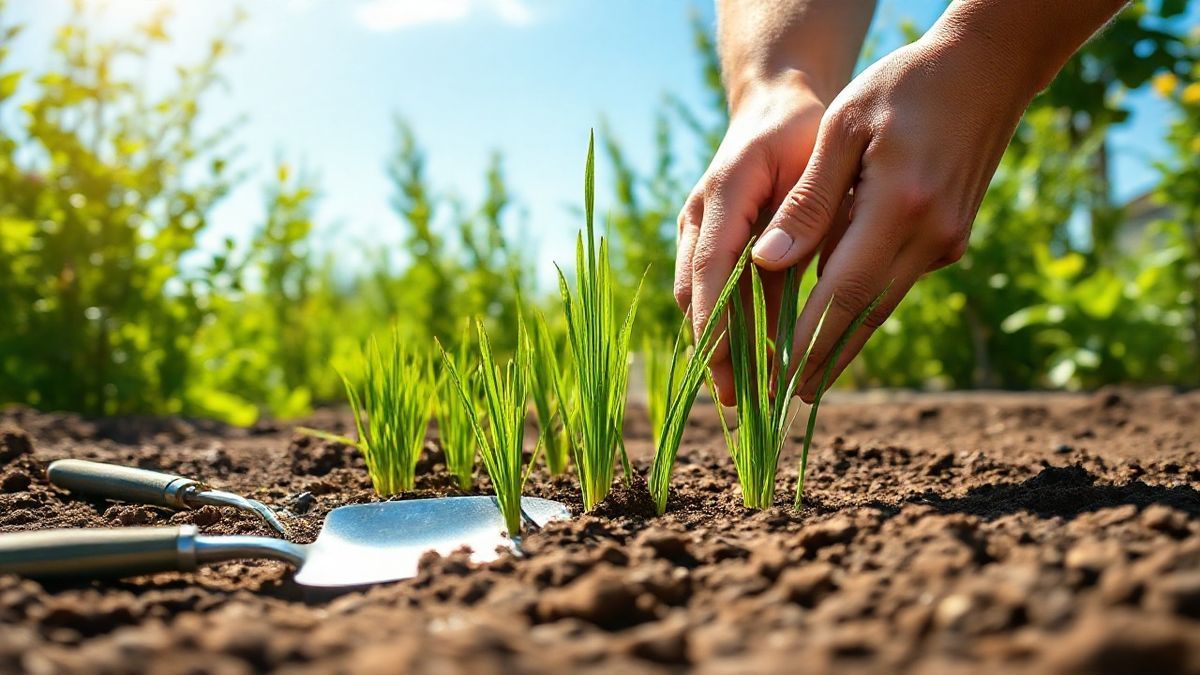 Mãos plantando grama-amendoim em canteiro ensolarado com ferramenta manual.
