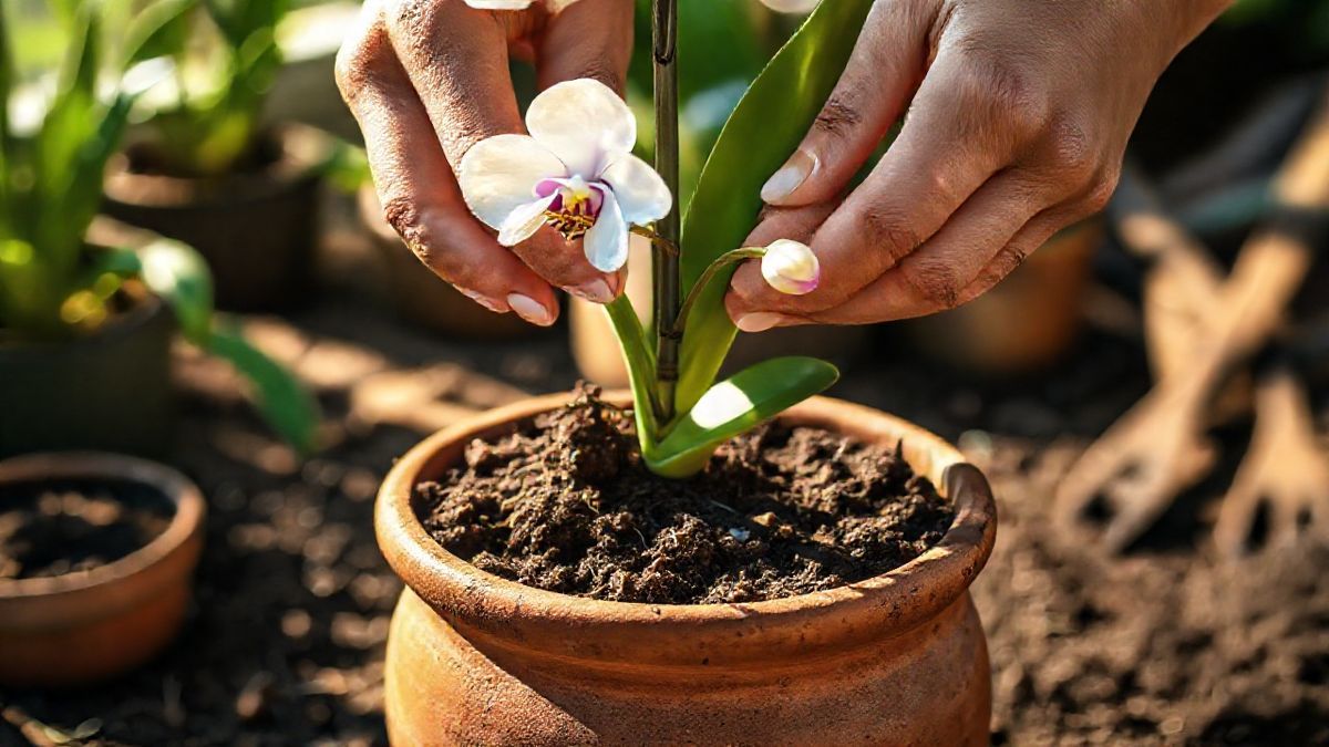 Mãos posicionando muda de orquídea terrestre em vaso com substrato.