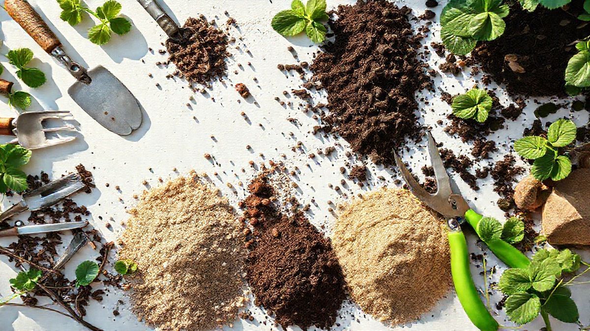 Mistura de terra, areia e composto orgânico em balde para plantio.