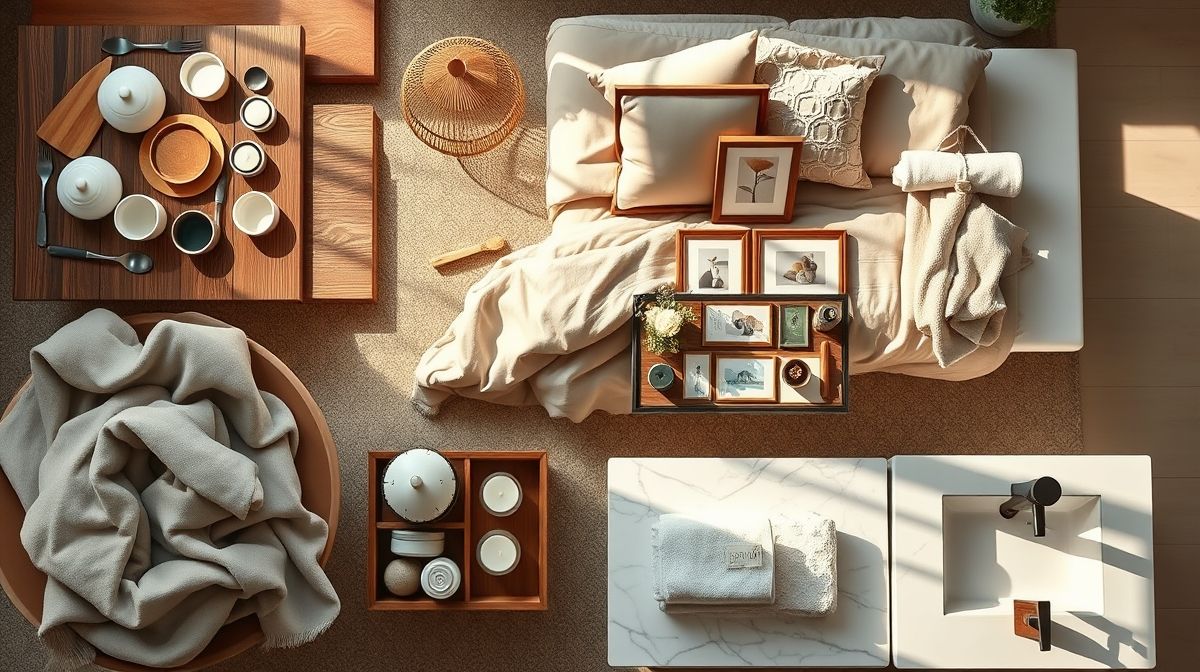 Mesa com diferentes itens de casa organizados por cômodos.