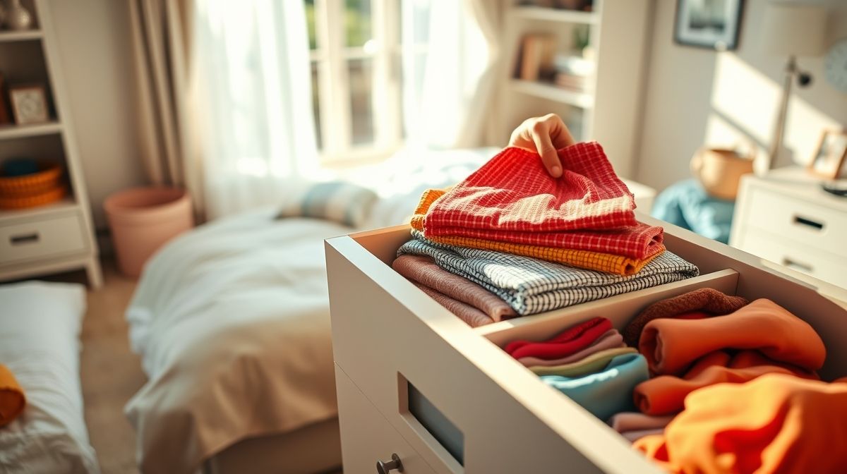 Pessoa dobrando roupas e usando caixas organizadoras em um quarto.