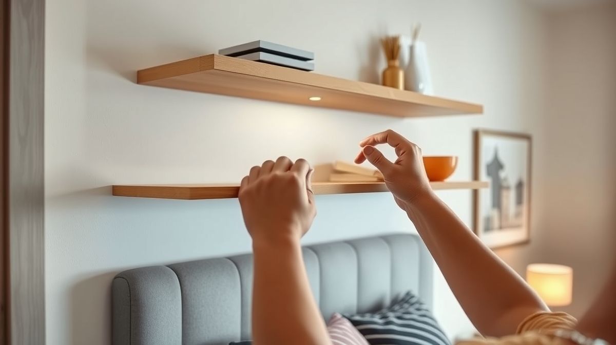 Pessoa instalando nichos e luminária de mesa em um quarto juvenil.