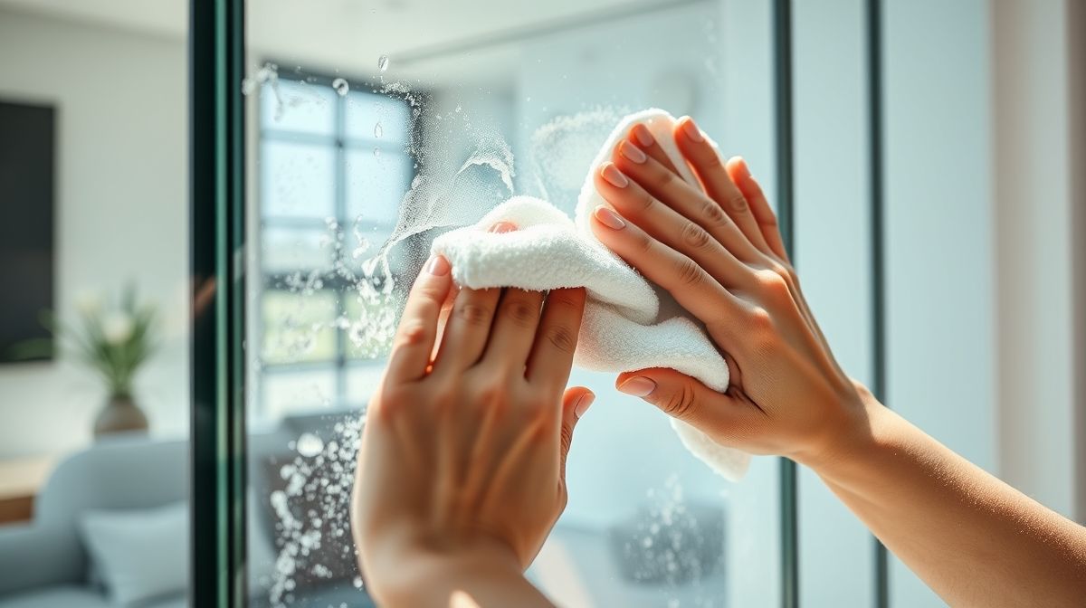 Mãos aplicando solução de limpeza com lavador de microfibra em janela alta.