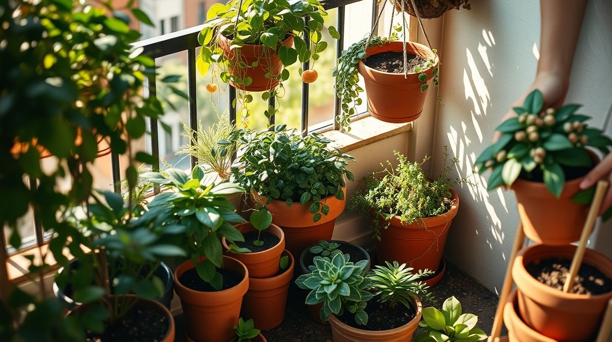 Pessoa organizando vasos de plantas em um espaço externo pequeno.