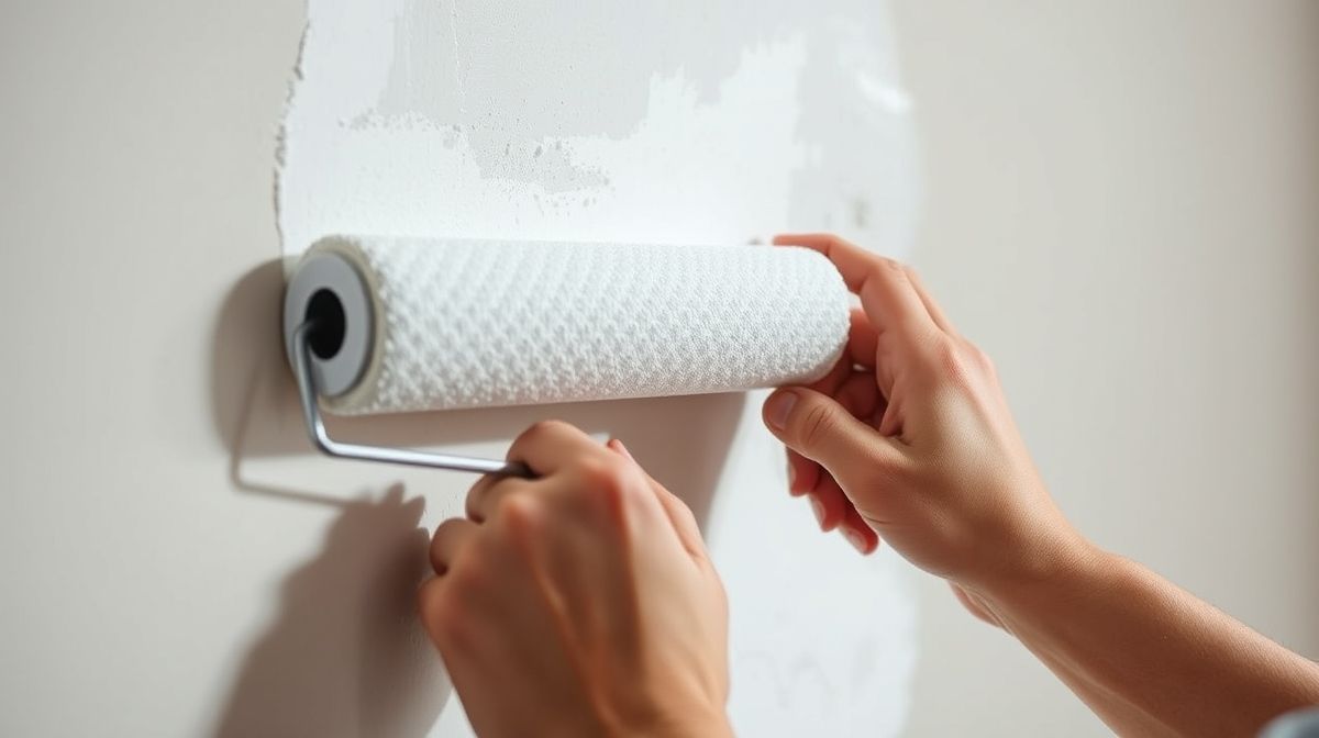 Pessoa pintando parede clara com rolo, mostrando etapa de DIY simples.