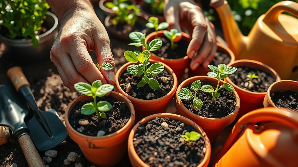 Mãos plantando mudas em vasos com substrato e drenagem.