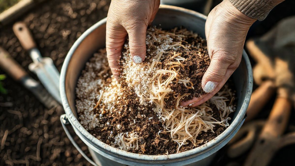 Mãos misturando substrato em balde de jardinagem