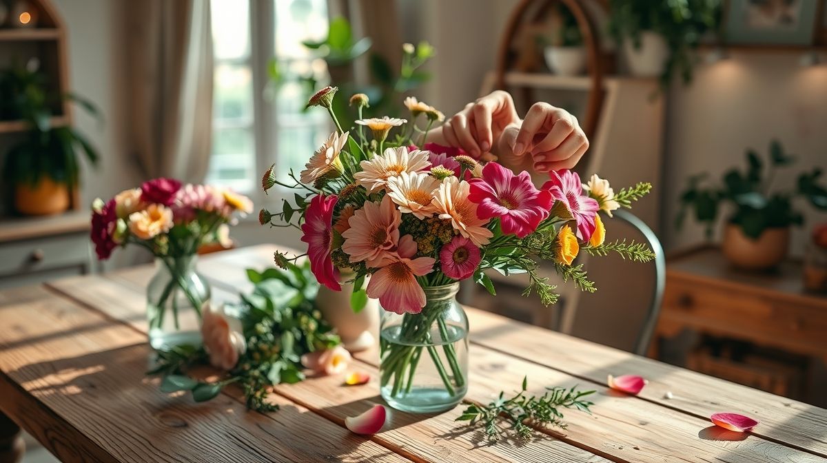 Mãos posicionando flores em vaso durante a decoração romântica.
