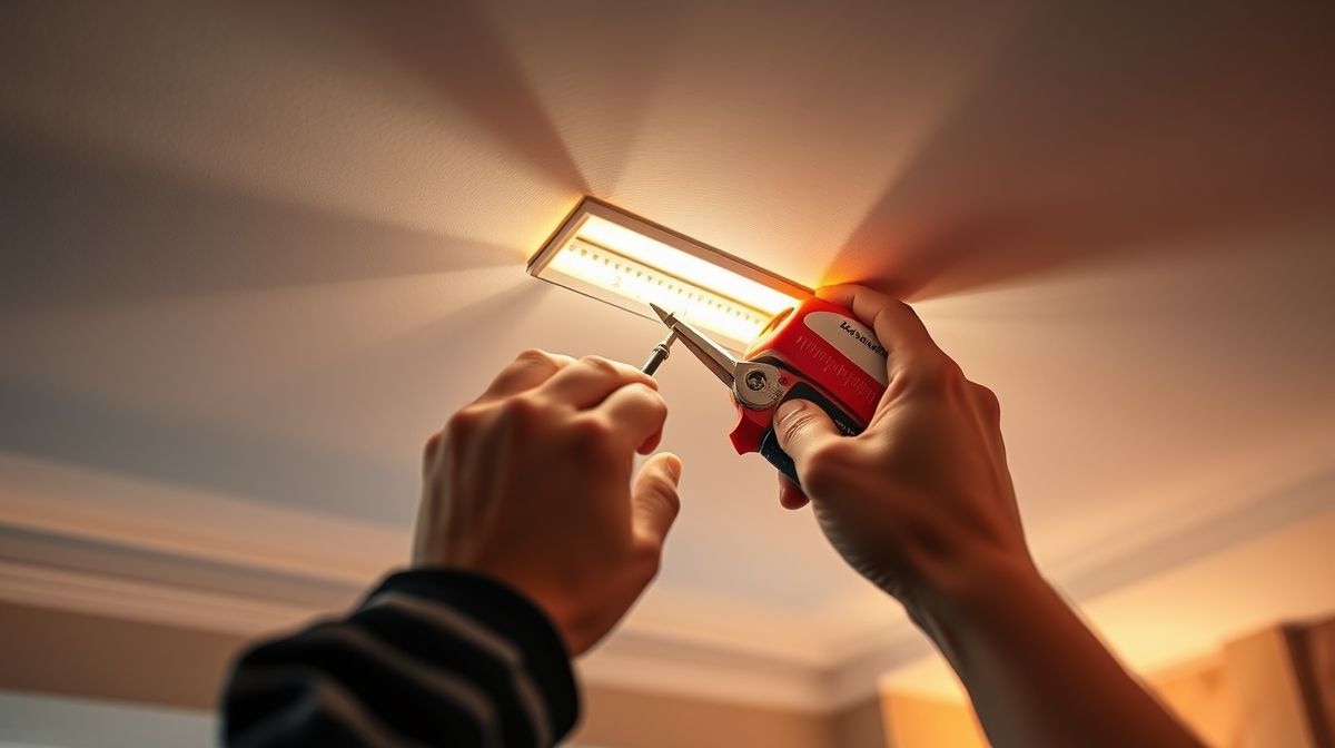 Profissional instalando fita de LED embutida em sanca de gesso.