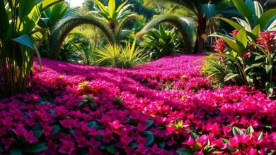 Jardim tropical florido com quaresmeira-rasteira em pleno vigor.