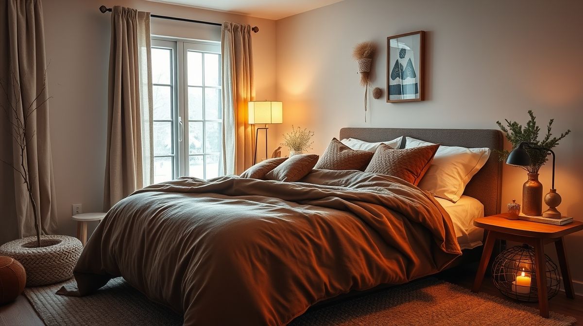 Quarto com edredom marrom, cortinas de linho e iluminação quente.