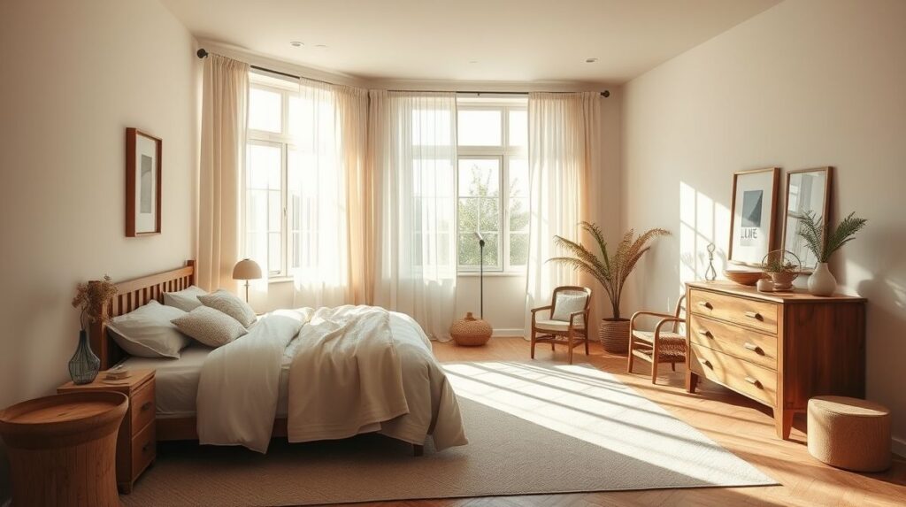 Quarto com paredes claras, móveis de madeira e iluminação suave.