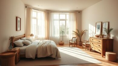 Quarto com paredes claras, móveis de madeira e iluminação suave.