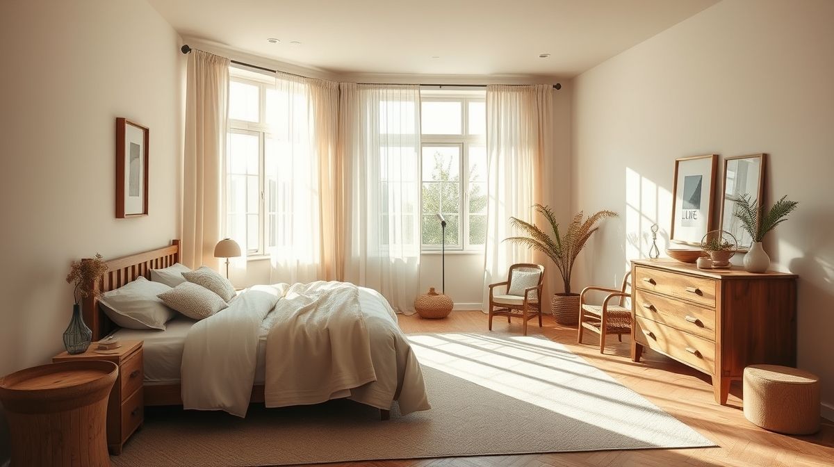 Quarto com paredes claras, móveis de madeira e iluminação suave.