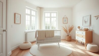Quarto pequeno de bebê com berço branco, paredes em tons neutros e detalhes decorativos sutis.