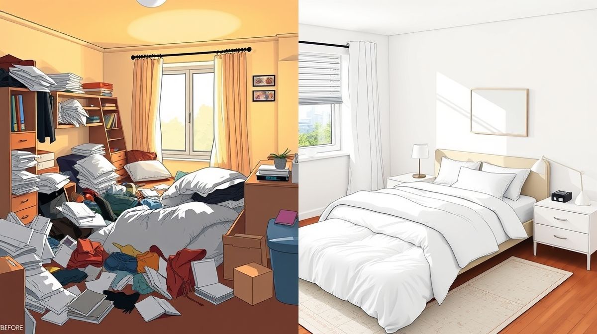 Comparação de um quarto bagunçado e o mesmo quarto organizado, transmitindo transformação.