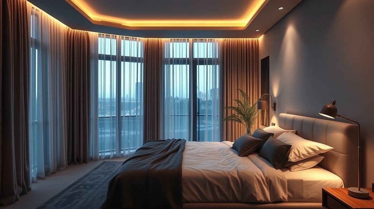 Quarto com iluminação inteligente e cortinas automáticas.