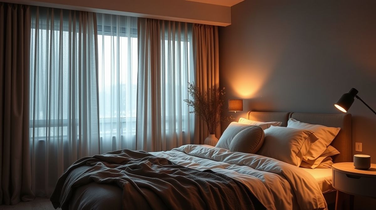 Quarto com iluminação e cortinas inteligentes ativadas por controle remoto.