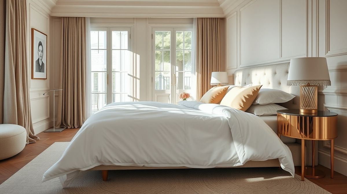 Cama arrumada com lençóis de algodão egípcio em estilo sofisticado.