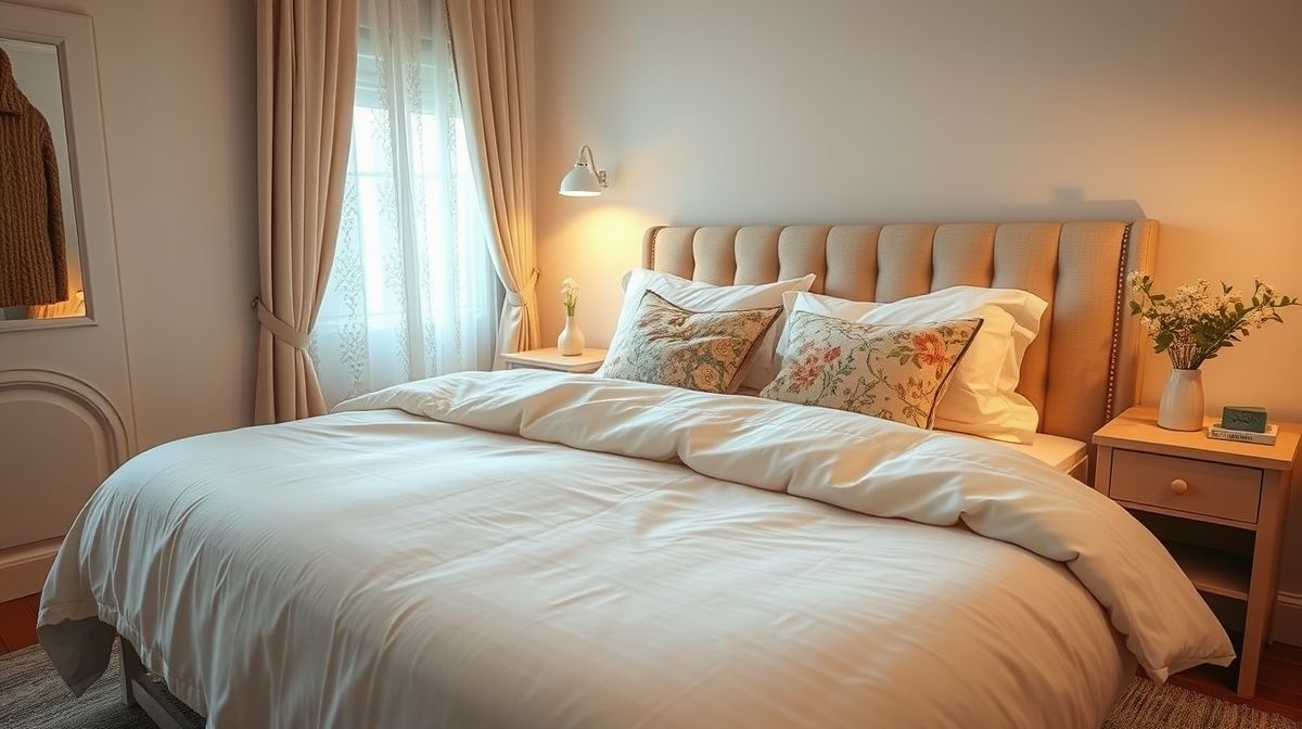 Ambiente final de quarto aconchegante com lençóis claros e almofadas decorativas.