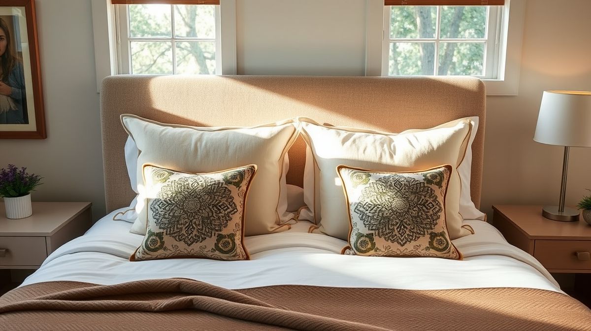 Cama de casal com almofadas decorativas grandes e pequenas em camadas.