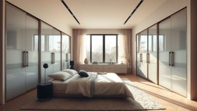 Vista ampla de um quarto moderno com guarda-roupa de portas de correr bem dimensionado.