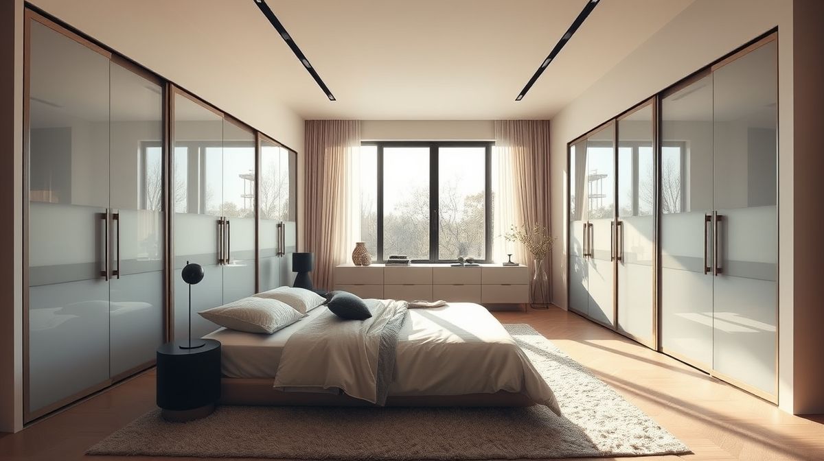 Vista ampla de um quarto moderno com guarda-roupa de portas de correr bem dimensionado.