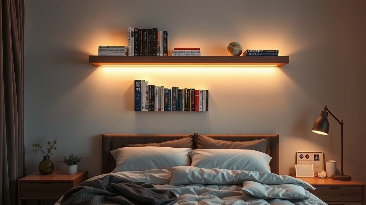 Quarto aconchegante com prateleira iluminada por luz suave destacando livros decorativos.