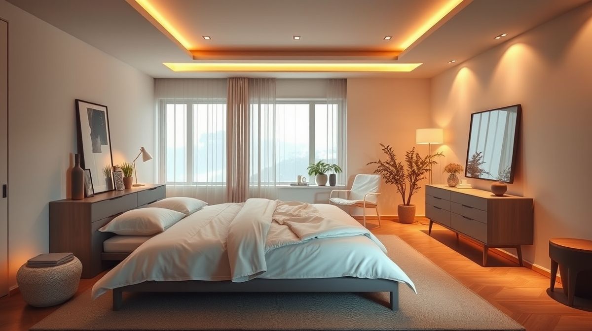Quarto aconchegante controlado por iluminação inteligente colorida.