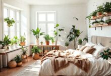 Um quarto aconchegante decorado com plantas em vasos de diferentes tamanhos.