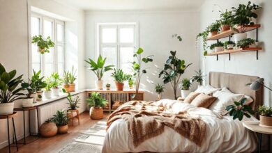 Um quarto aconchegante decorado com plantas em vasos de diferentes tamanhos.