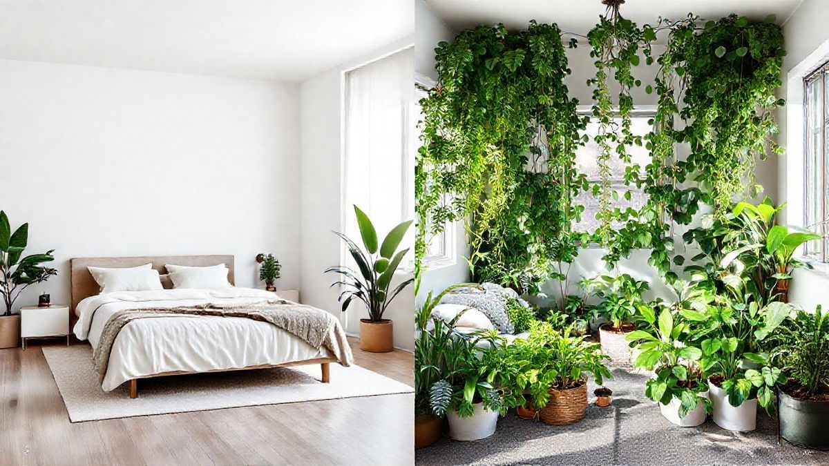 Comparação do quarto sem e com plantas, mostrando o efeito na decoração.