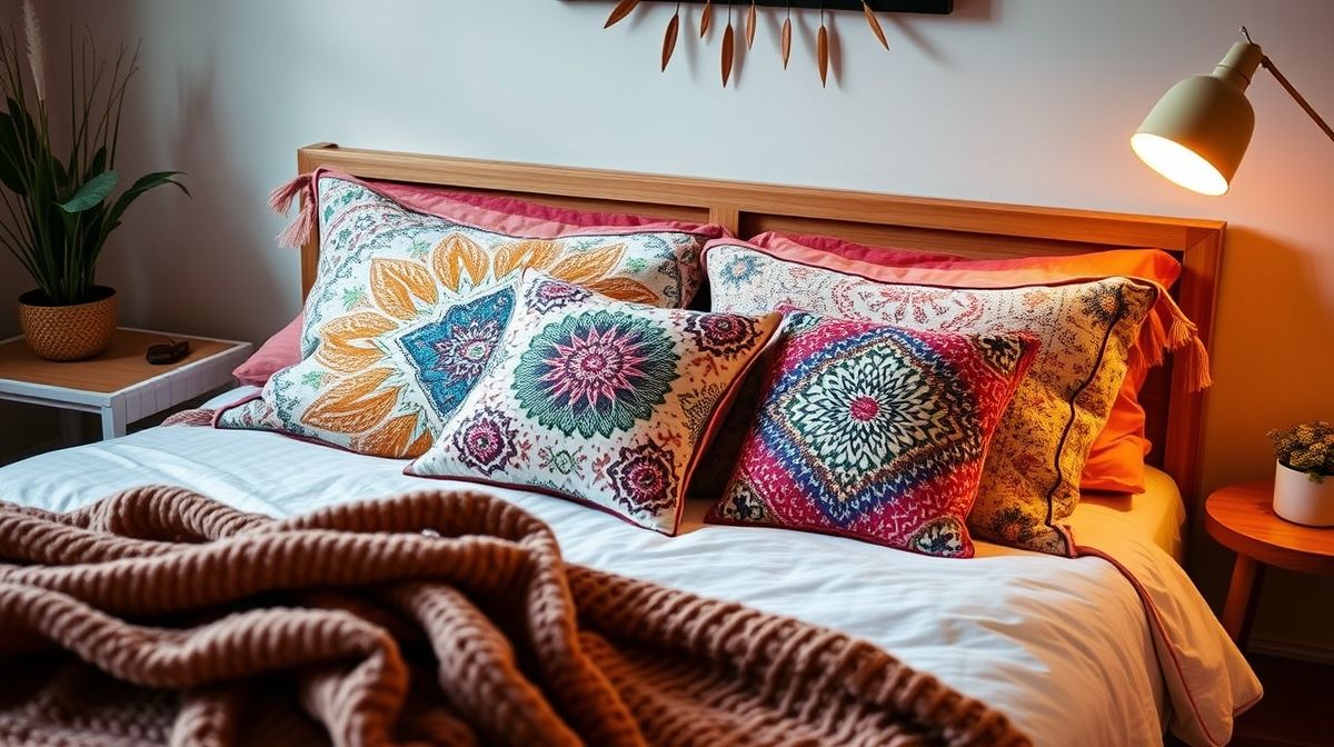 Cama decorada em estilo boho com porta travesseiros coloridos e almofadas estampadas.