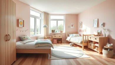 Quarto infantil pequeno com cama planejada, prateleiras e roupa de cama estampada colorida.
