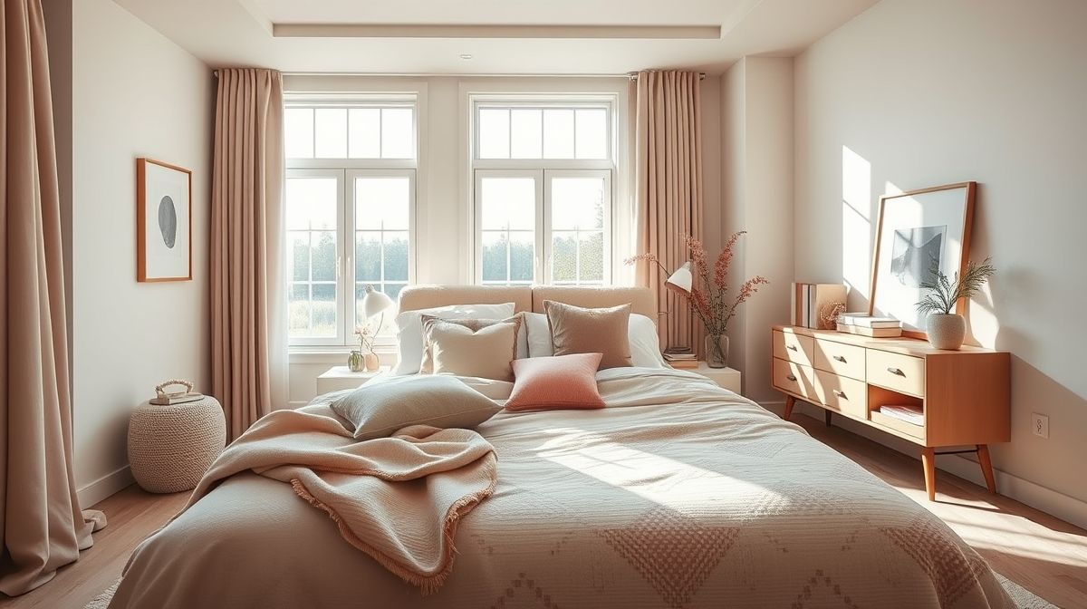Quarto juvenil com cama confortável, paleta neutra e iluminação suave.
