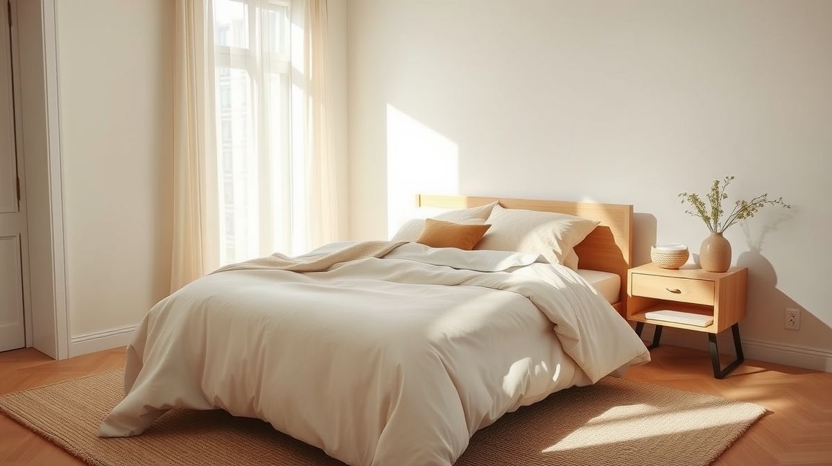 Quarto com cama arrumada, cores neutras e aspecto acolhedor.