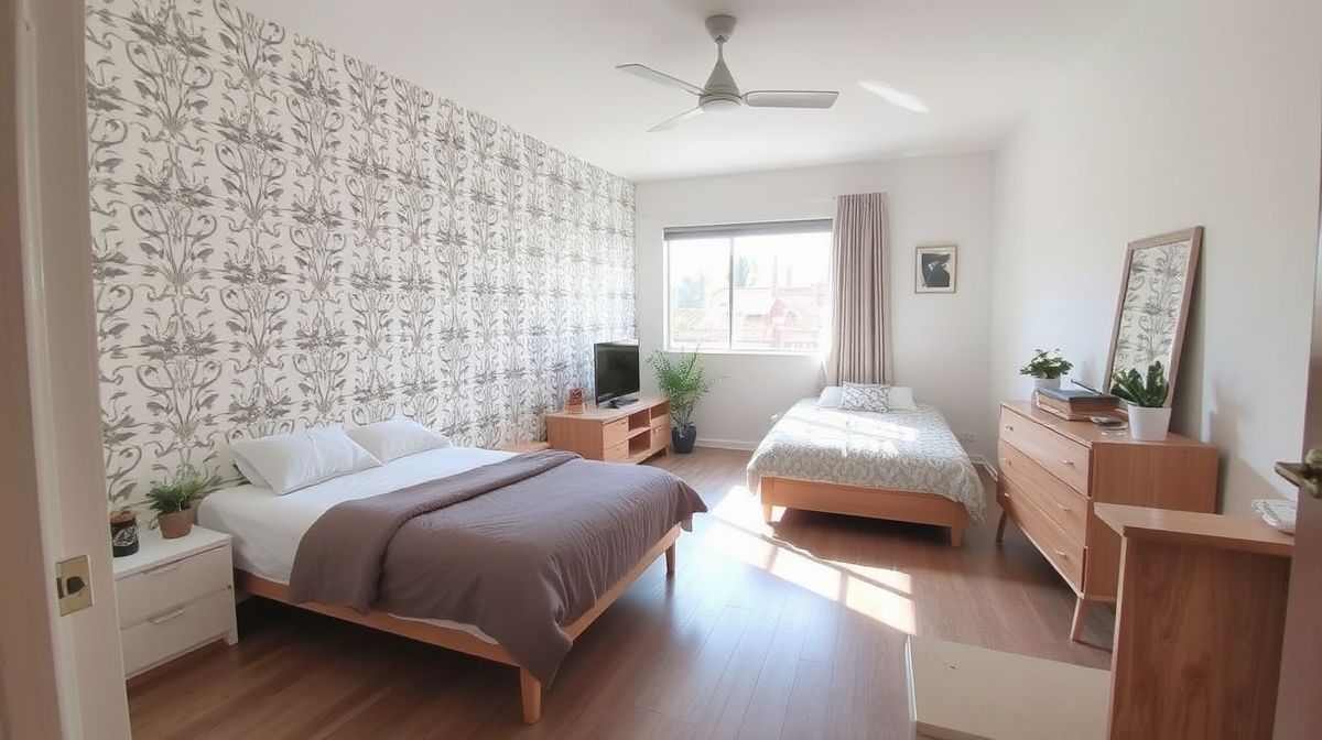 Quarto reformado com papel de parede e móveis simples de baixo custo.